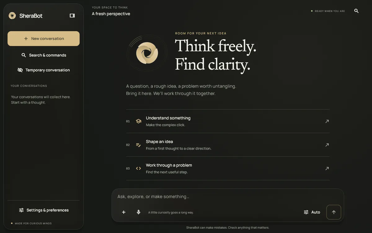 SheraBot conversation workspace