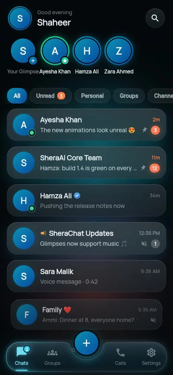 SheraChat conversation list in the development app, with sample conversations